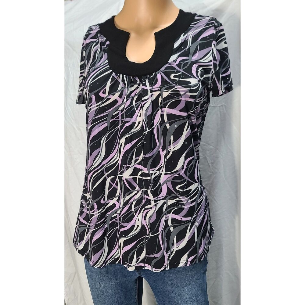 Y2K Purple Black dot accents stretch size Medium blouse abstract Career casual